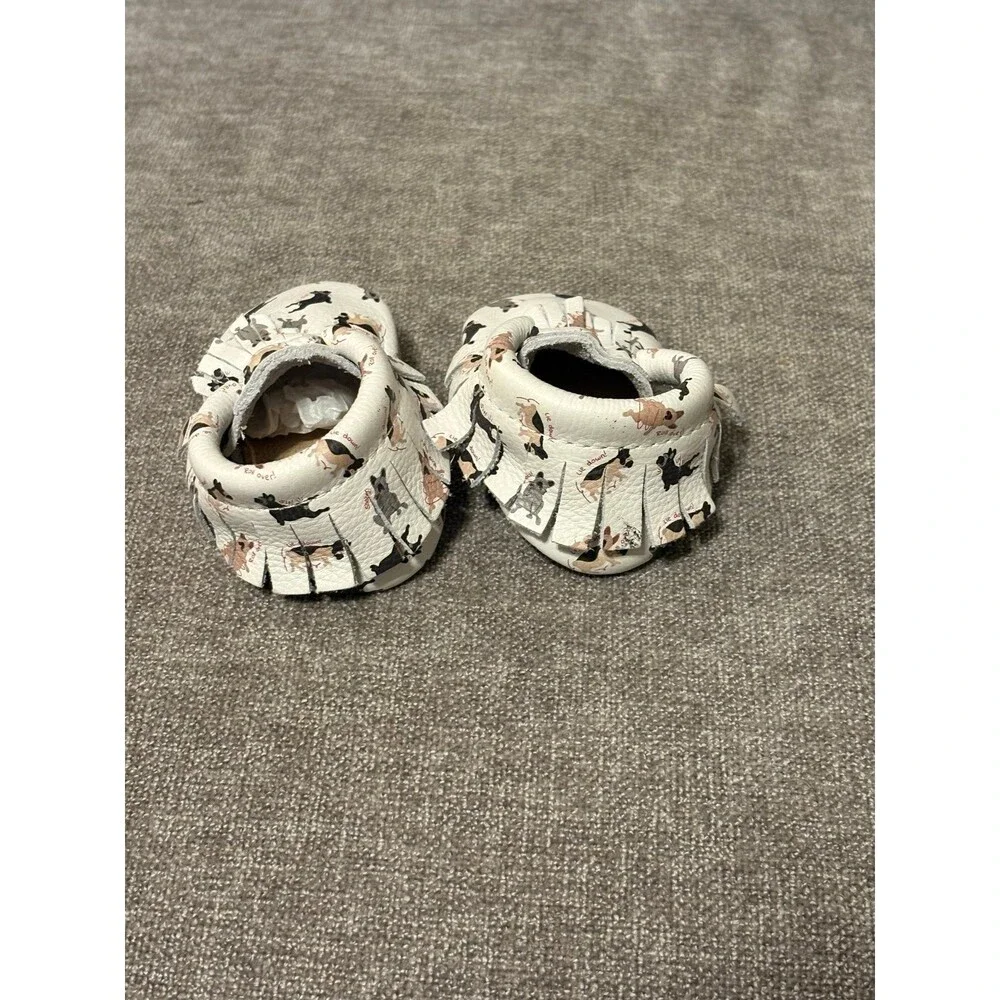 Freshly Picked White with playful french bulldog print Leather moccasins Size 2